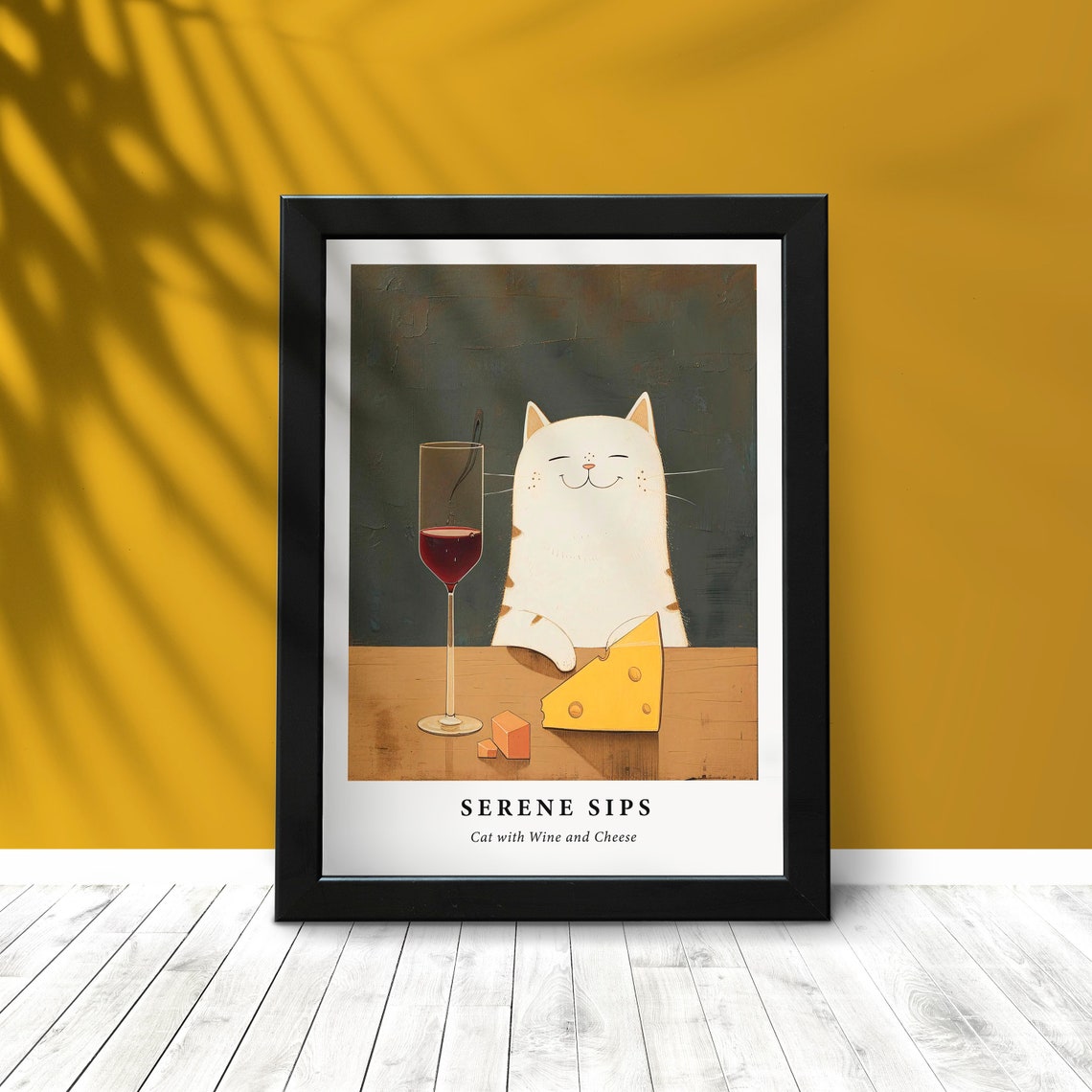 Serene Sips Smiling White Cat With Wine And Cheese Funny Art Print - Image 3