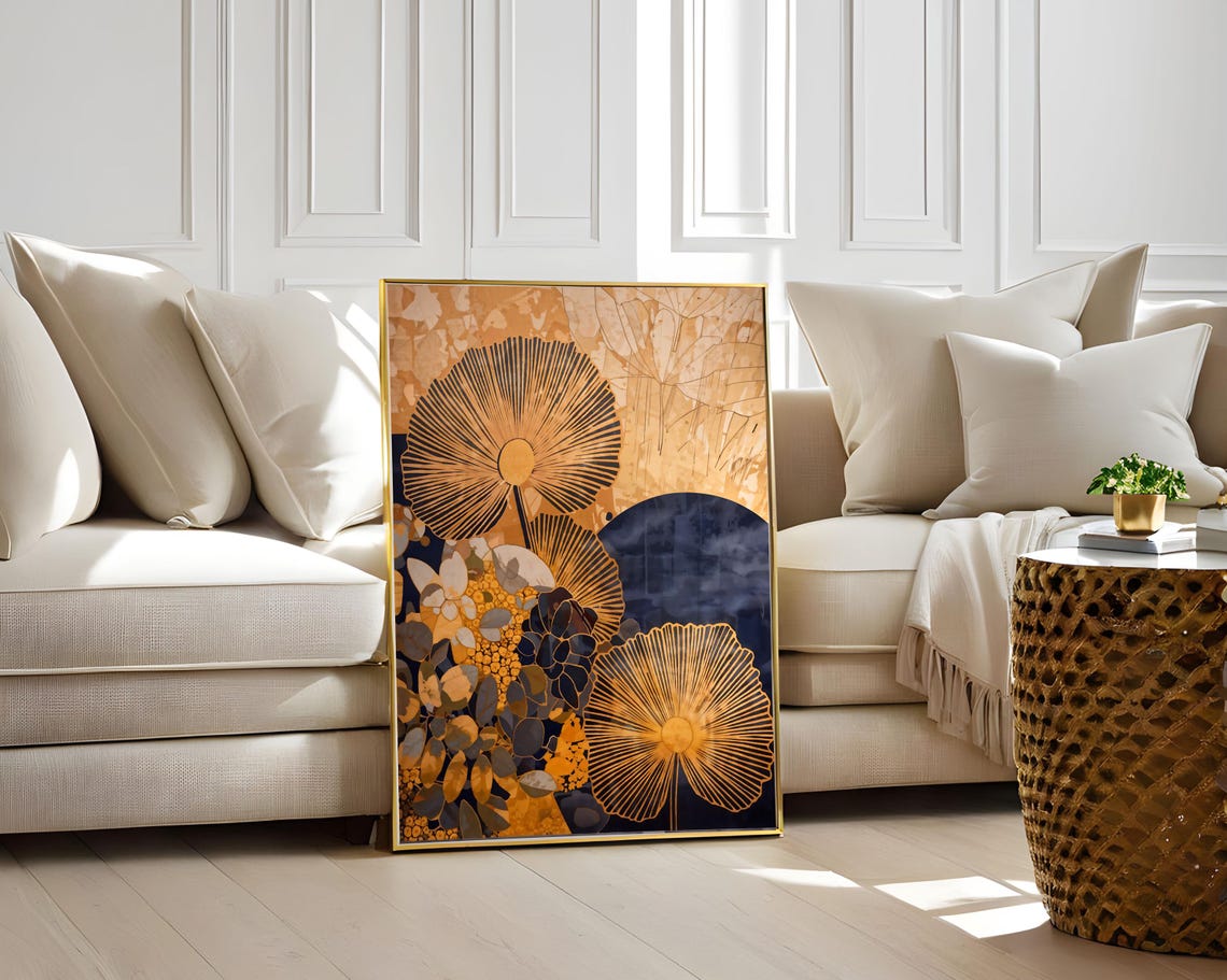 Golden Floral Fan Cosmic Botanical Navy Abstract Vintage Art Poster