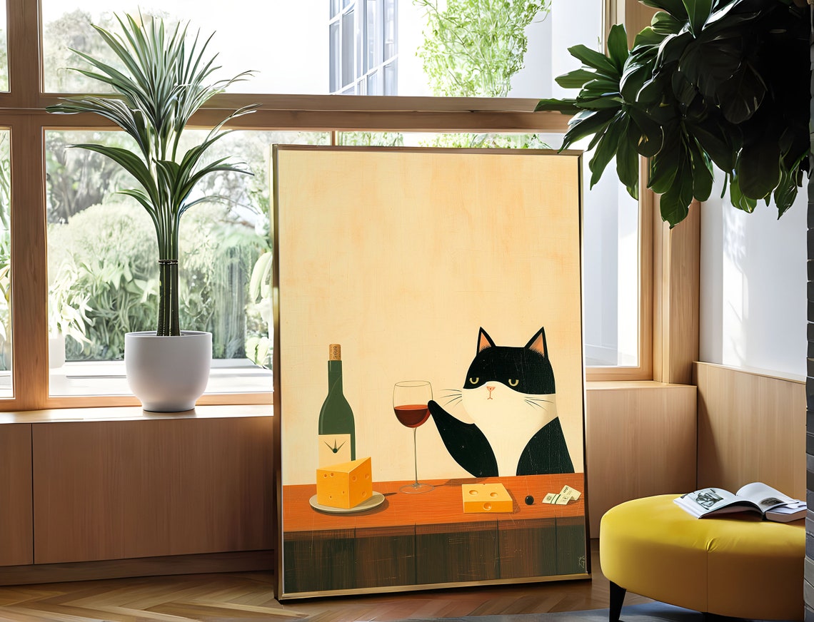 Black And White Cat With Red Wine And Cheese Whimsical Poster - Image 2
