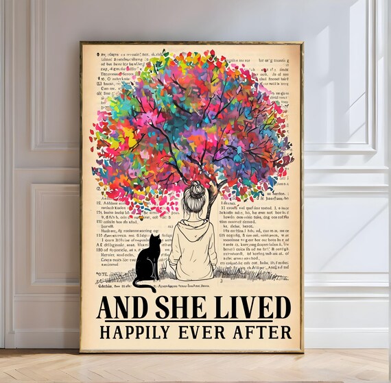 And She Lived Happily Ever After Girl Cat Rainbow Tree Poster