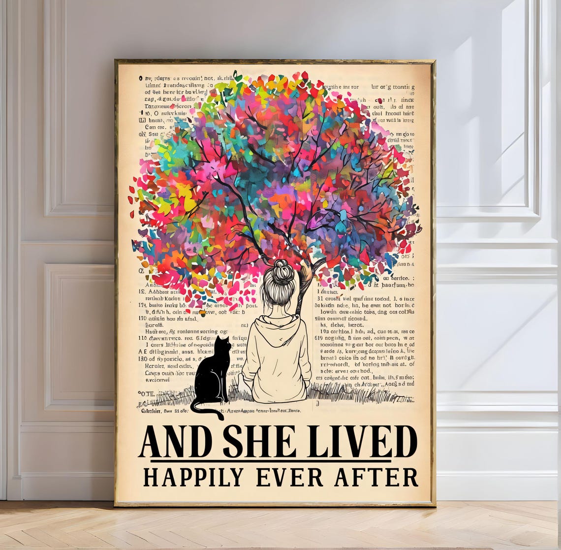 And She Lived Happily Ever After Girl Cat Rainbow Tree Poster