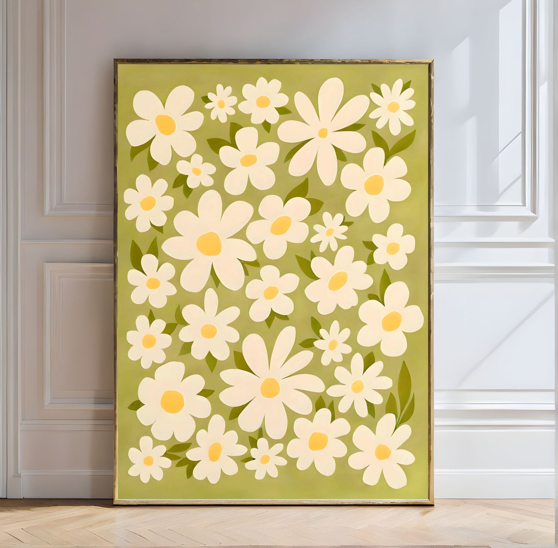Daisy Delight White Floral Pattern Green Background Art Poster - Image 5