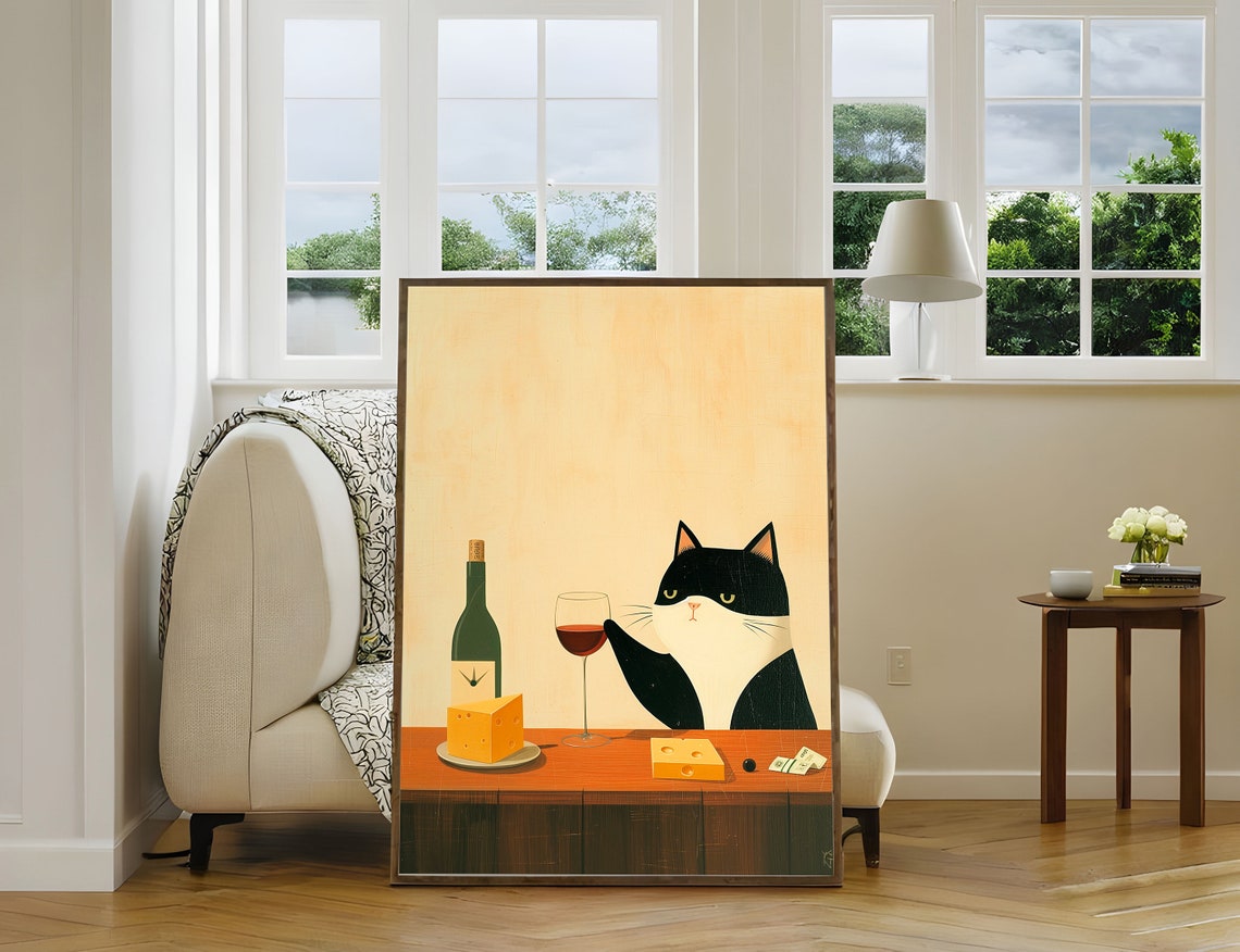 Black And White Cat With Red Wine And Cheese Whimsical Poster - Image 3