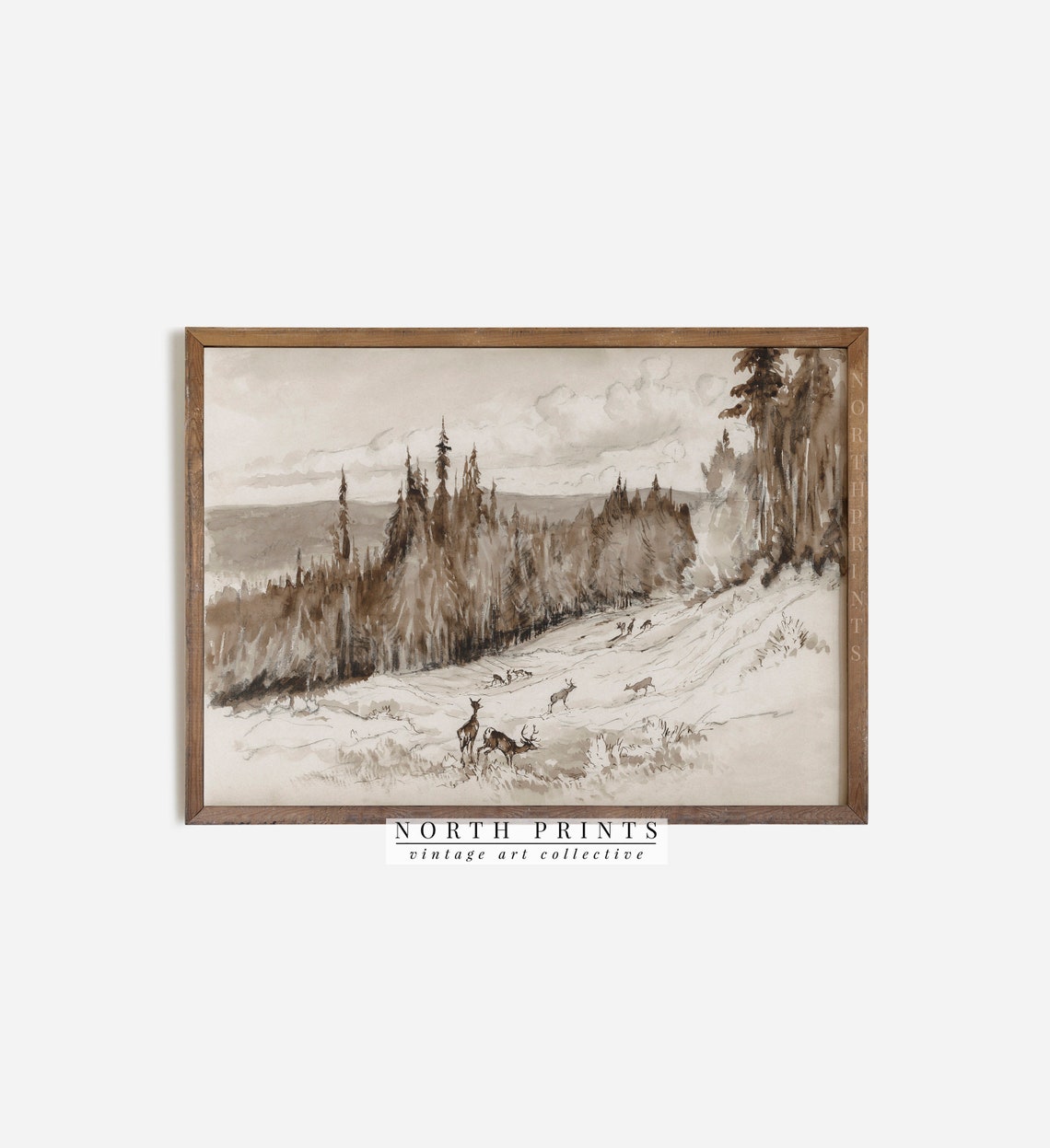 Rustic Deer Herd Pine Forest Hillside Sepia Watercolor Poster - Image 3