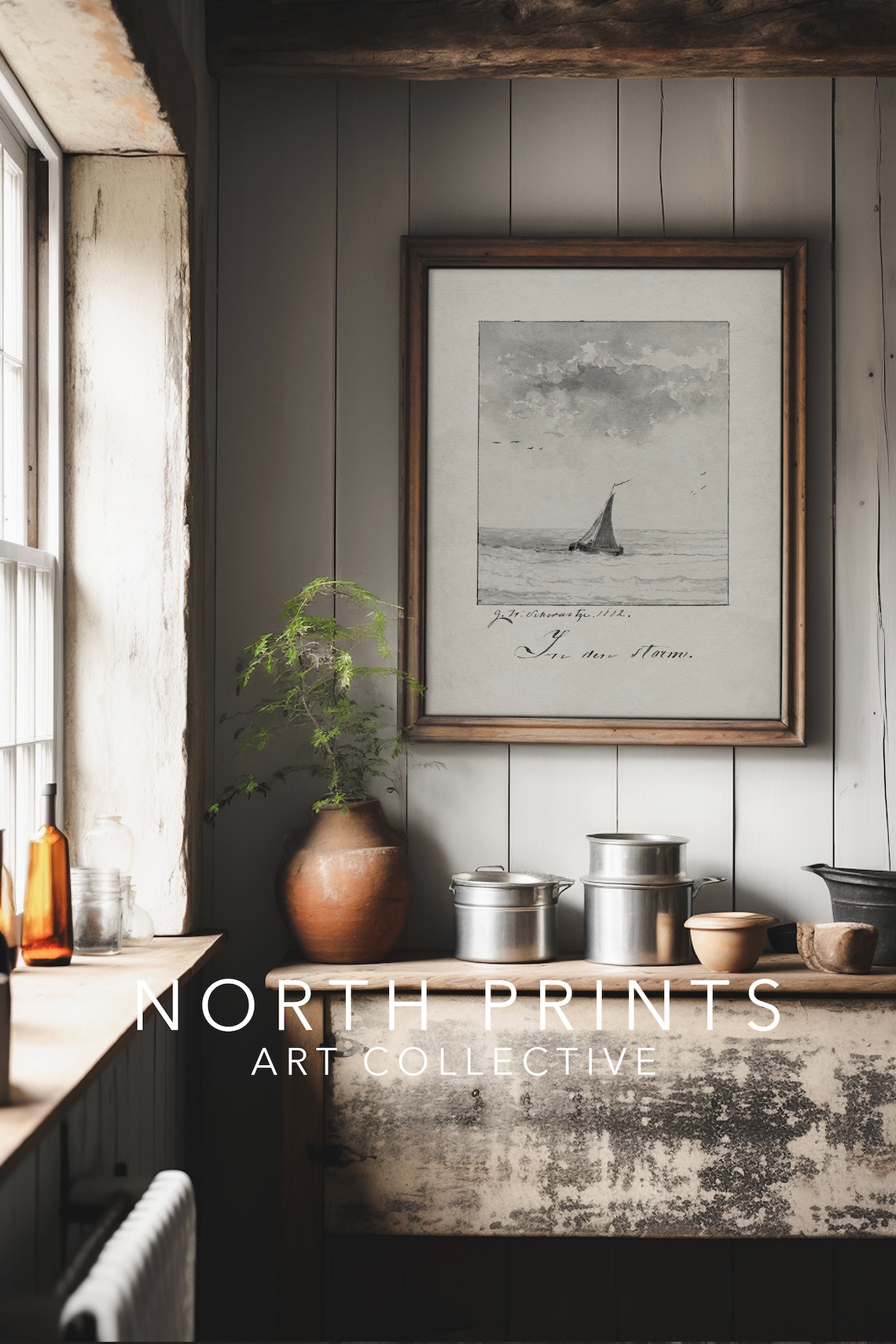 Lake House Coastal Sailboat Sketch, Vintage Neutral Art Print - Image 3