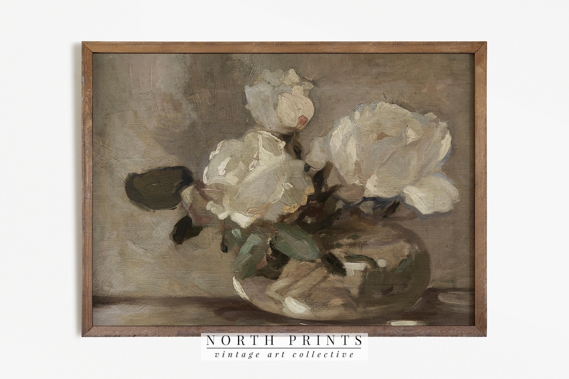 Vintage Roses Still Life Vase Painting, Farmhouse Decor