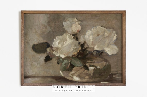 Vintage Roses Still Life Vase Painting, Farmhouse Decor