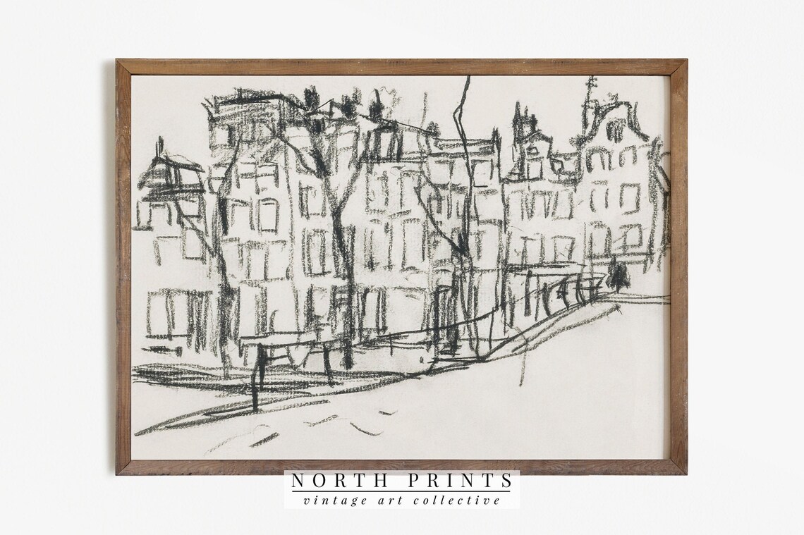 Vintage Amsterdam Architecture Sketch, Abstract Line Drawing