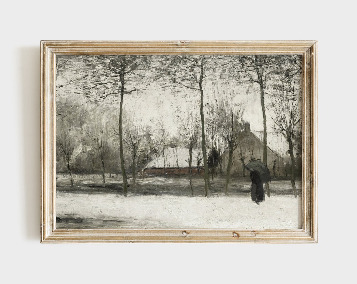 Snowy Winter Village Bare Trees Lone Figure Vintage Travel Poster - Image 3