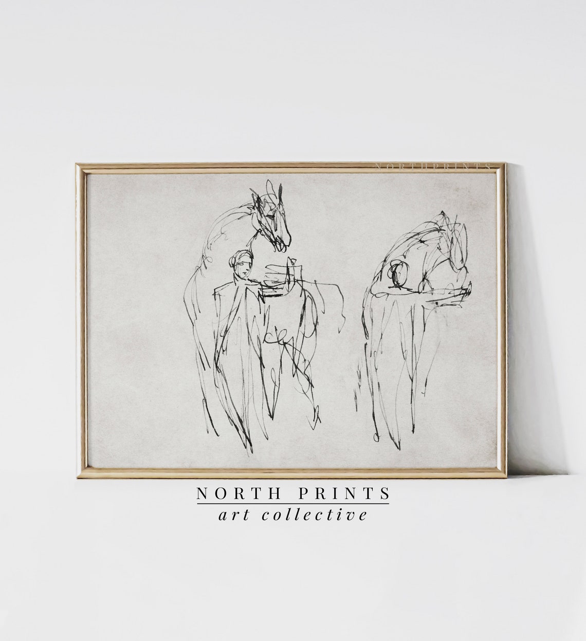 Minimalist Ink Horse Rider Line Sketch Antique Equestrian Study Poster