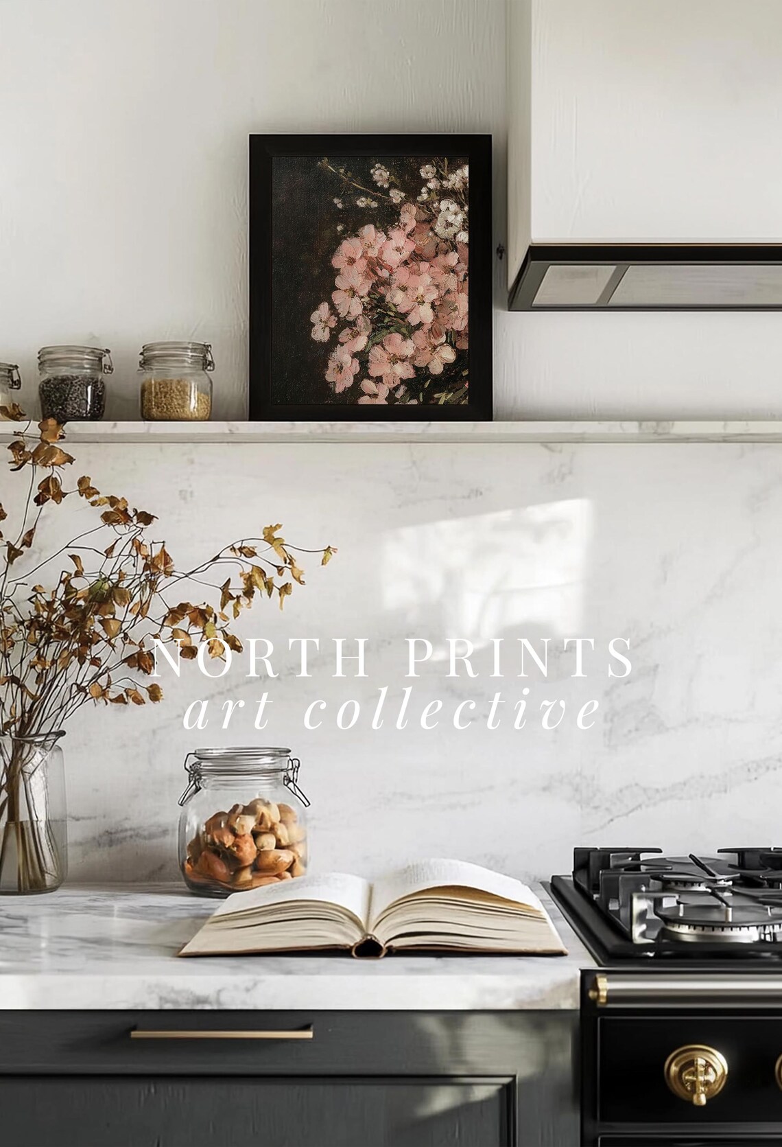Blush Pink Blossom Bouquet Dark Moody Floral Oil Painting Art Print - Image 3