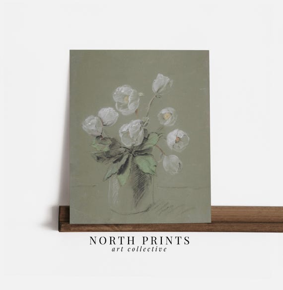 Spring French Tulip Painting Art Print, Muted Green