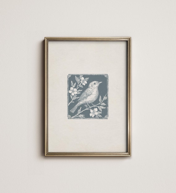 Antique Spring Blue Bird Print, Minimalist Farmhouse