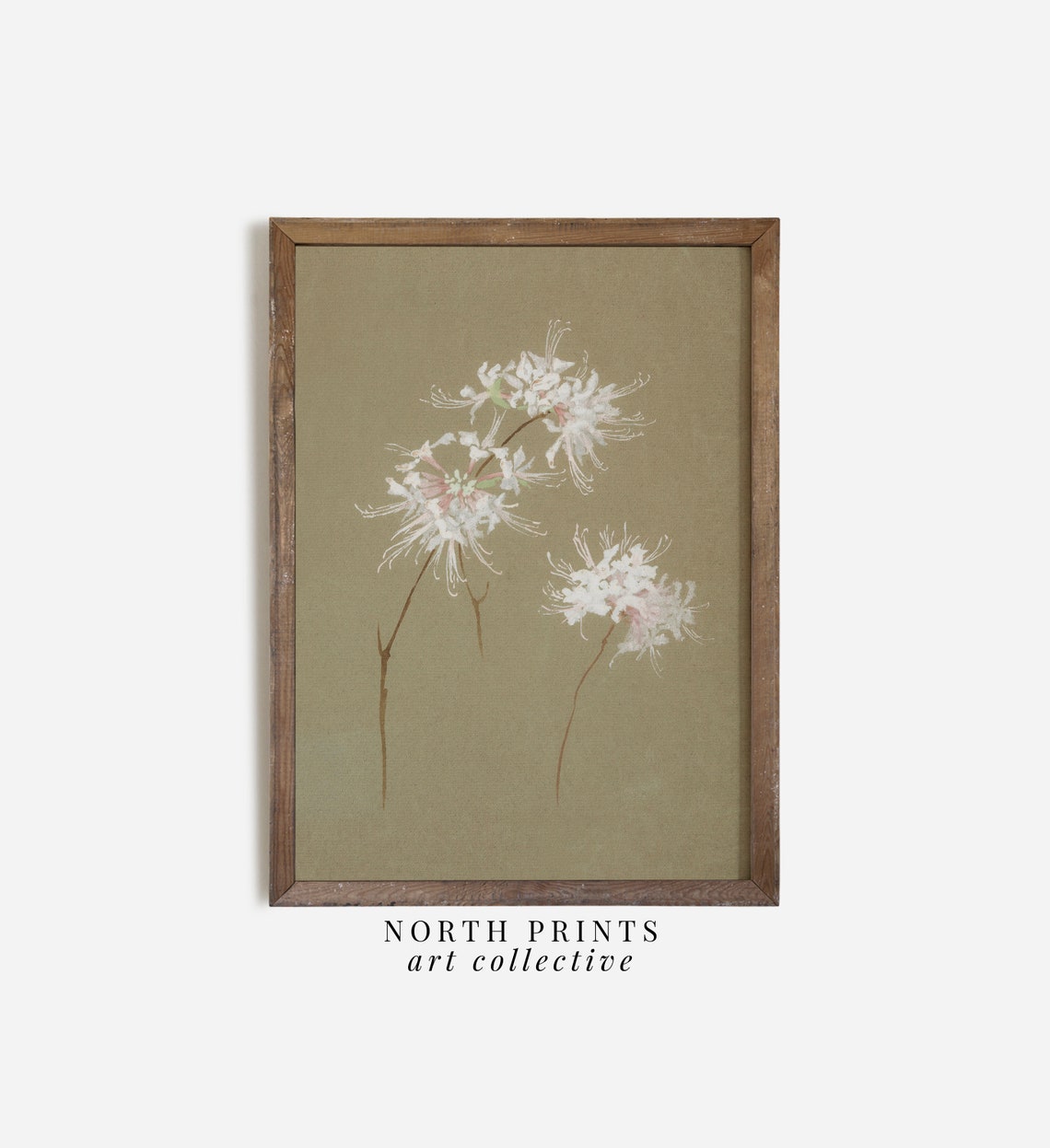 White Blossom Neutral Botanical Olive Green Vintage Style Poster - Image 3