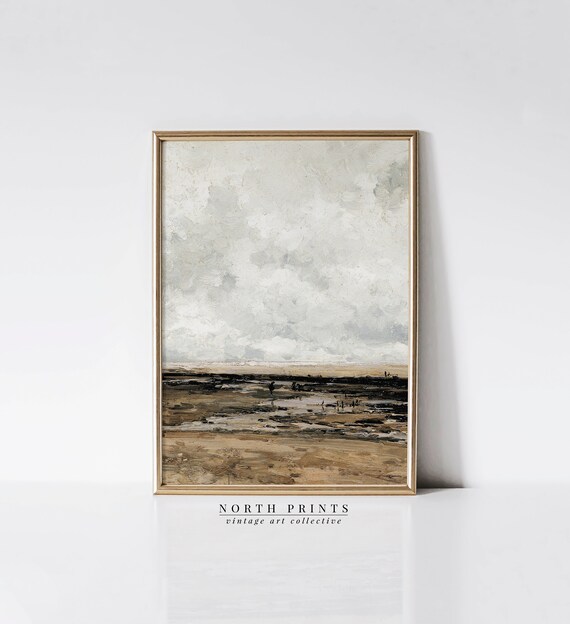 Moody Beach Low Tide Earthy Tonal Seascape Vintage Travel Poster