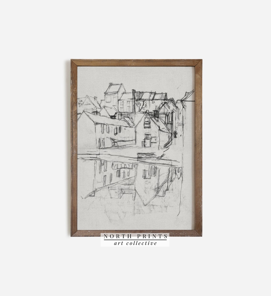 Antique French Old Town Pencil Sketch Water Reflection Poster - Image 2