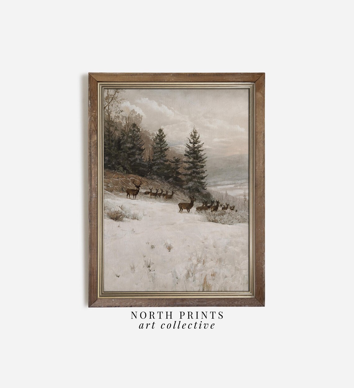 Rustic Winter Landscape Deer Christmas Farmhouse Art Print