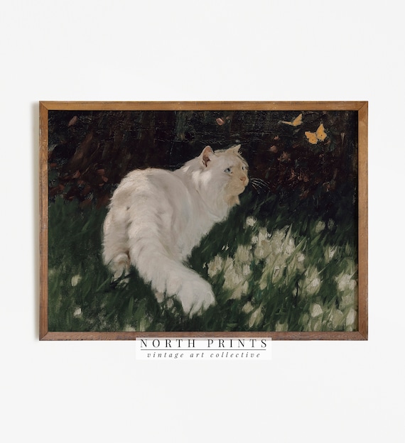 White Cat Stalking Butterflies Vintage Garden Oil Painting Print
