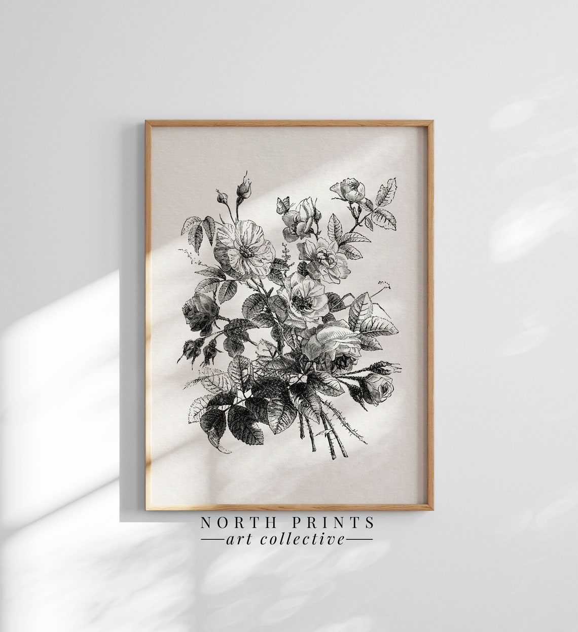 Antique Rose Bouquet Sketch Black White Floral Engraving Poster - Image 2