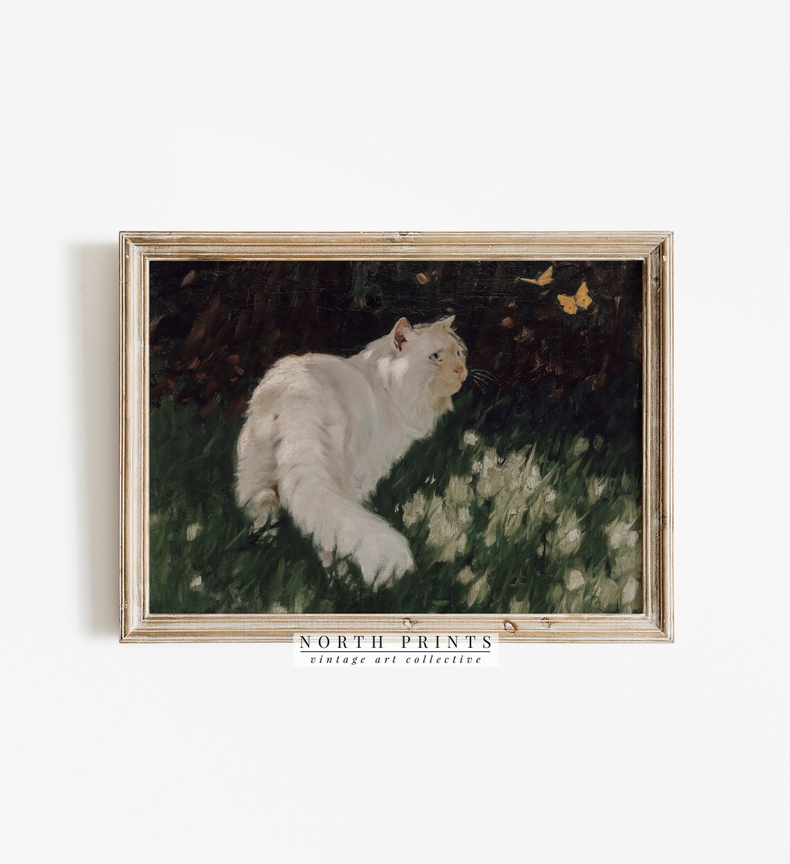 White Cat Stalking Butterflies Vintage Garden Oil Painting Print - Image 3