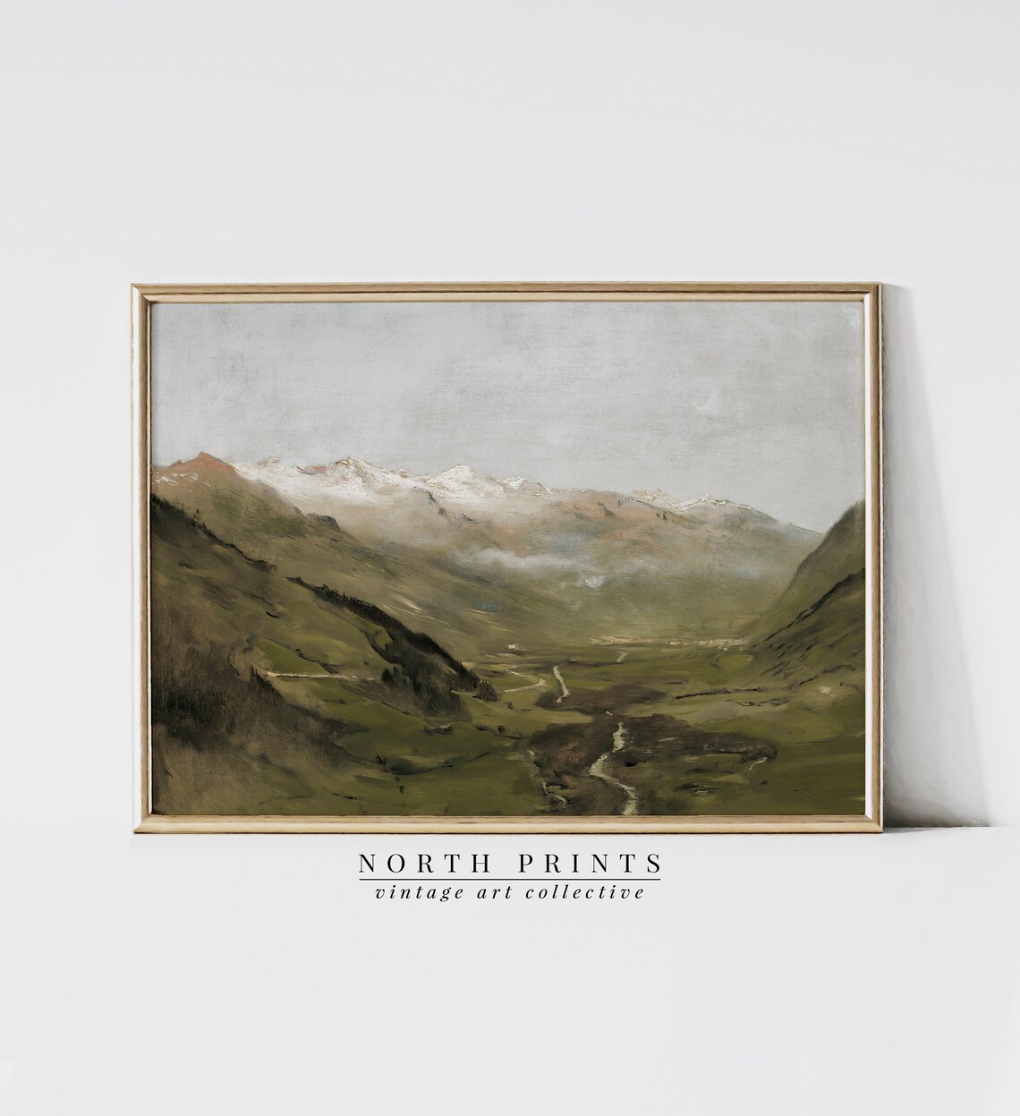 Mountain Landscape Painting, Antique Muted Green Art Print