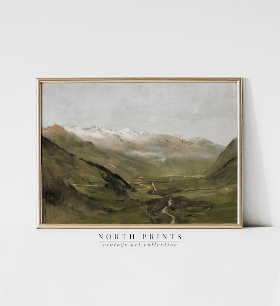 Mountain Landscape Painting, Antique Muted Green Art Print