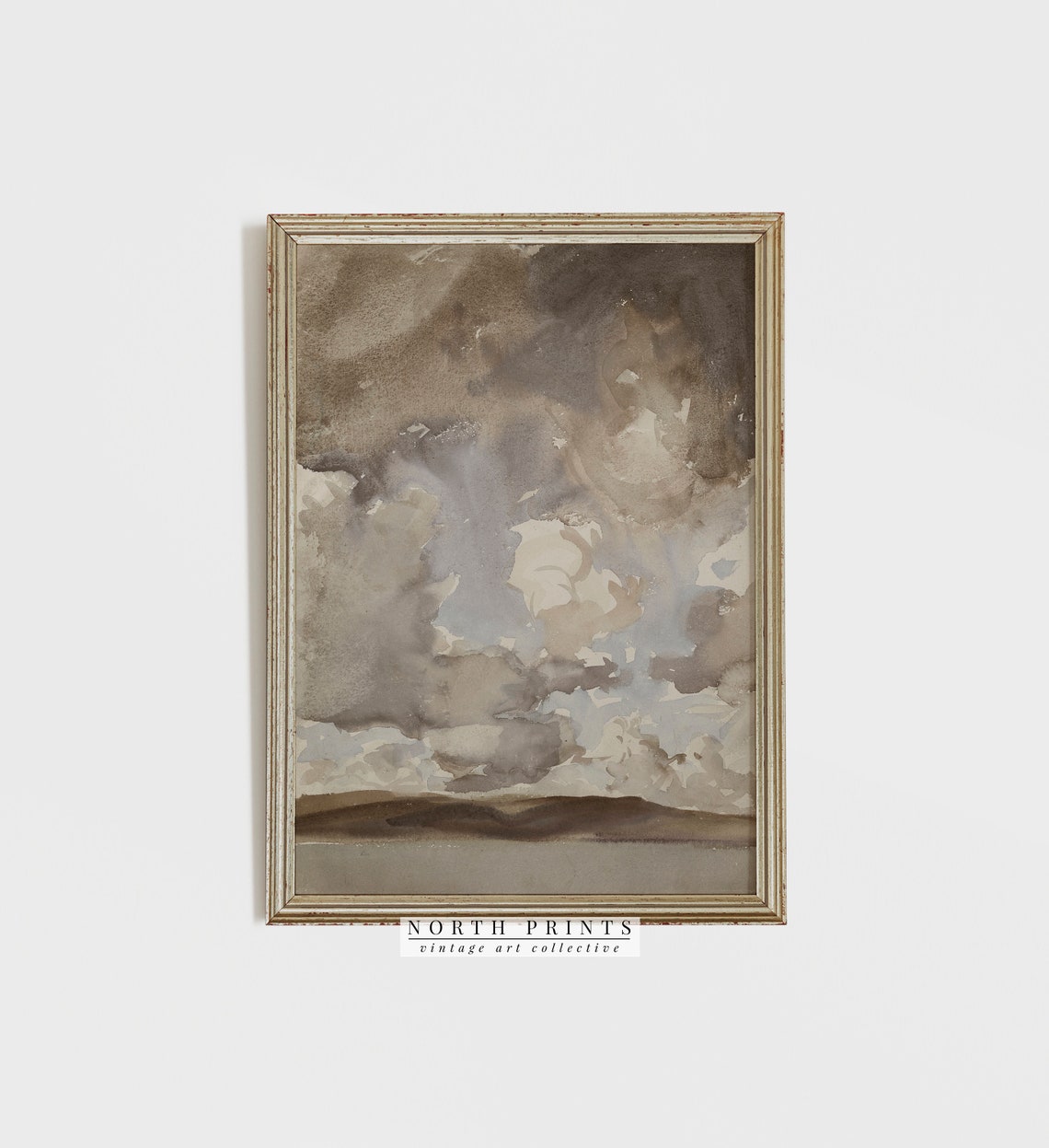 Dramatic Storm Clouds Over Hills Neutral Watercolor Painting Print - Image 2