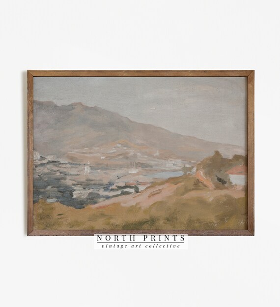 Hazy Coastal Mountains White Village Vintage Tonal Painting Poster