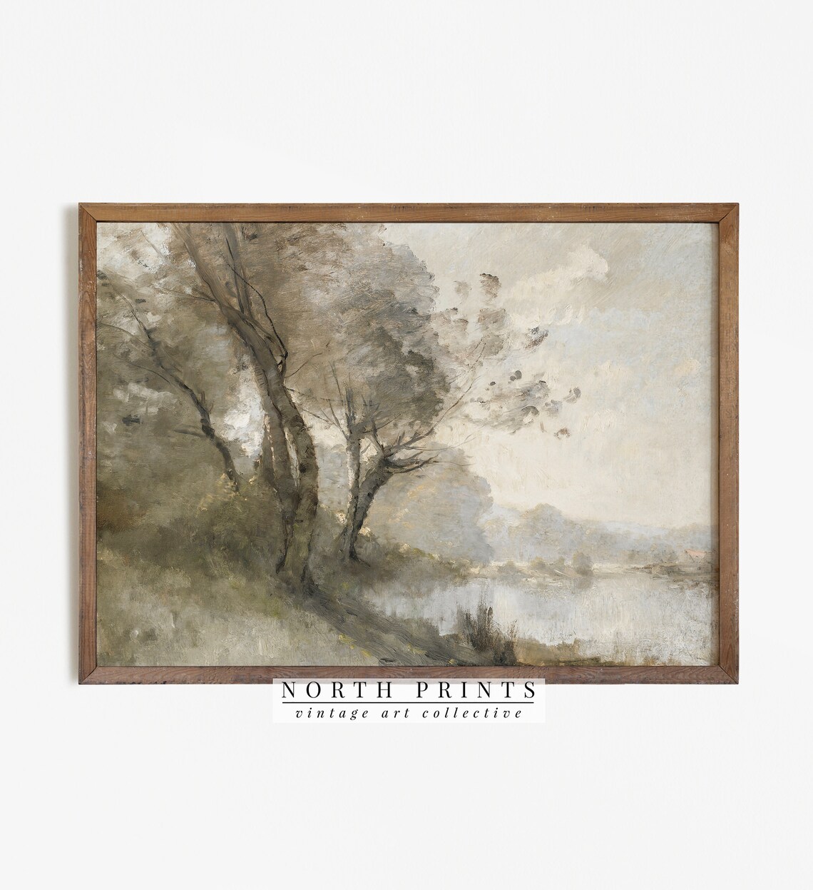 Muted Green Landscape Art Print, Riverside Painting - Image 2
