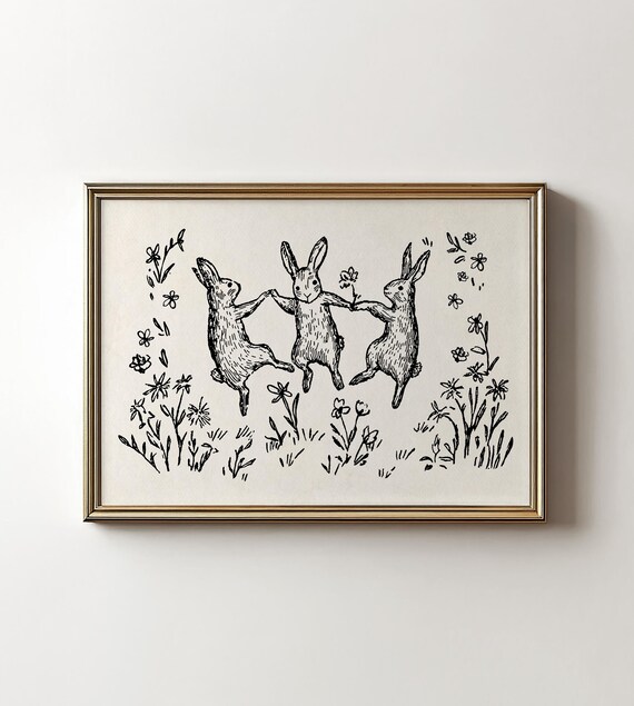 Bunny Art Print, Neutral Cottagecore Nursery Decor