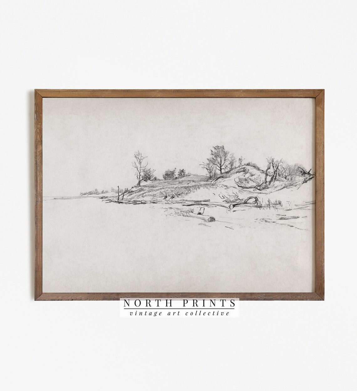 Minimalist Lake Shore Pencil Sketch Vintage Landscape Drawing Print - Image 3
