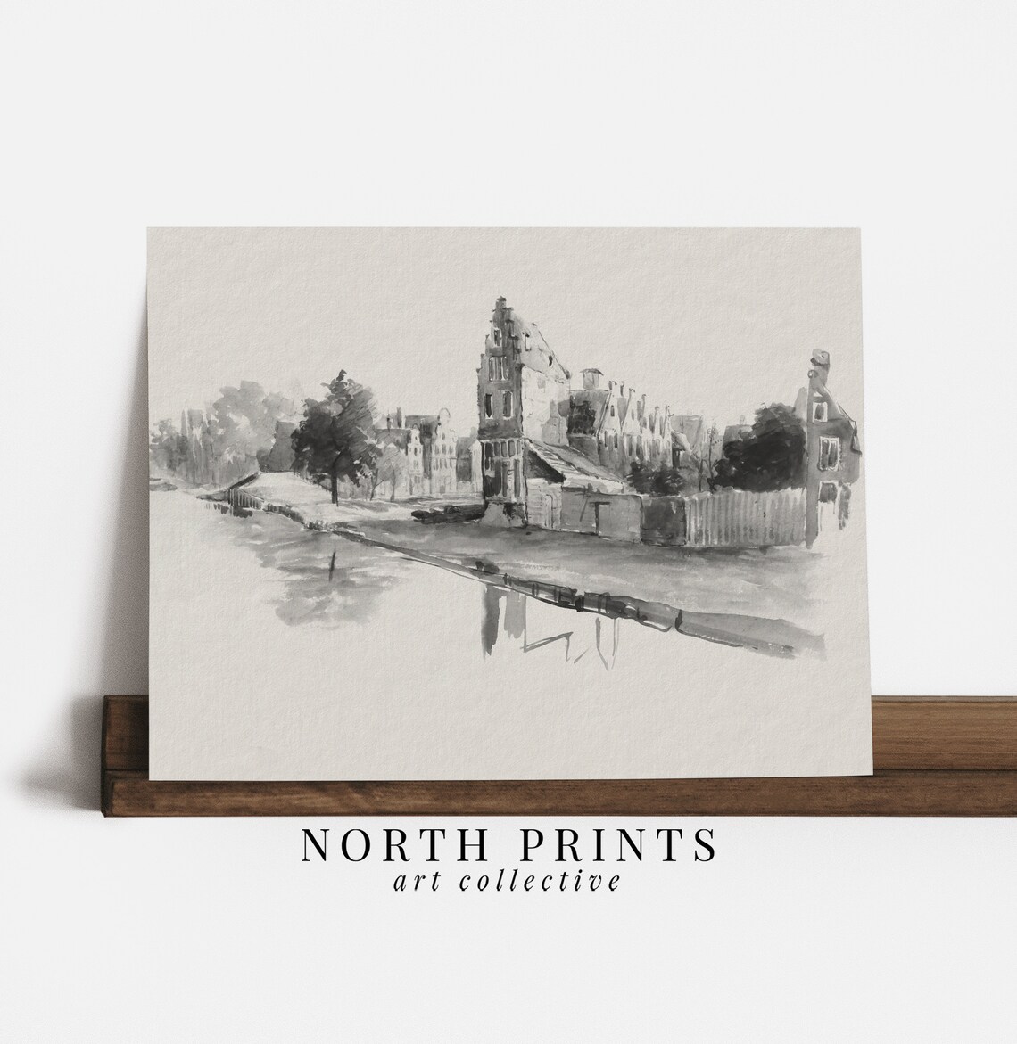 Neutral Ink Sketch Canal Town Rooftops Monochrome City Art Poster