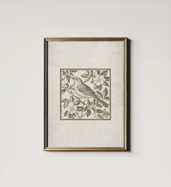 Antique Bird Print, Minimalist Farmhouse Decor