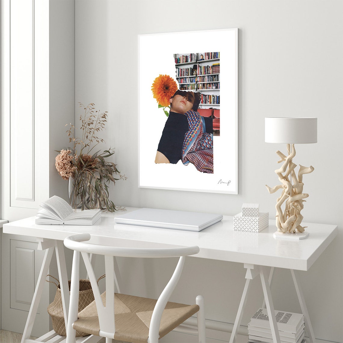 Dreamy Collage Woman Library Marigold Flower Fine Art Poster - Image 3