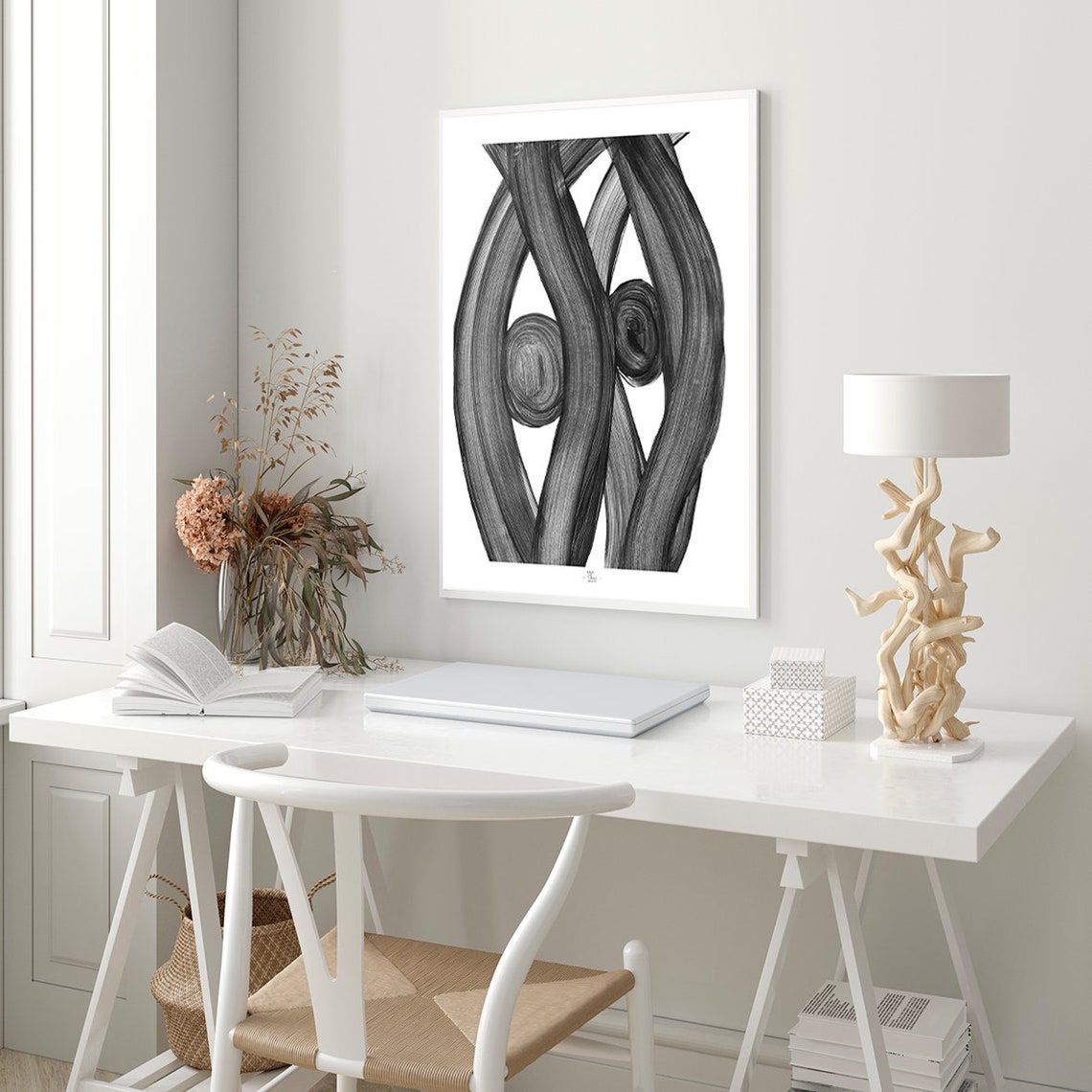 Twin Spiral Eyes In Flowing Black Brushstroke Strands Art Poster - Image 4