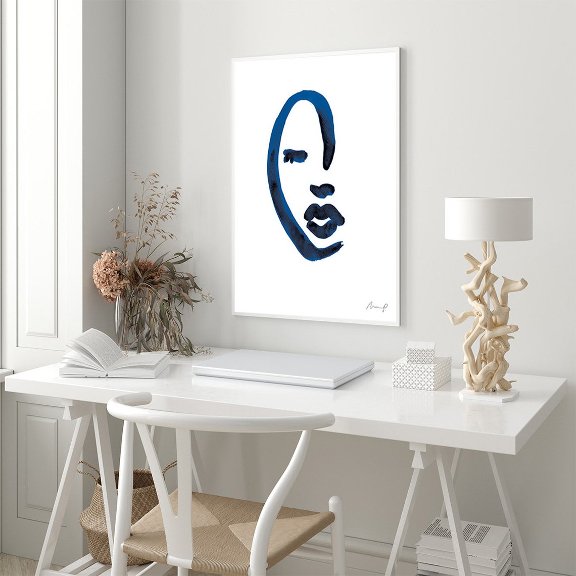 Blue Brushstroke Face Five Simple Oval Line Art Portrait Poster - Image 3