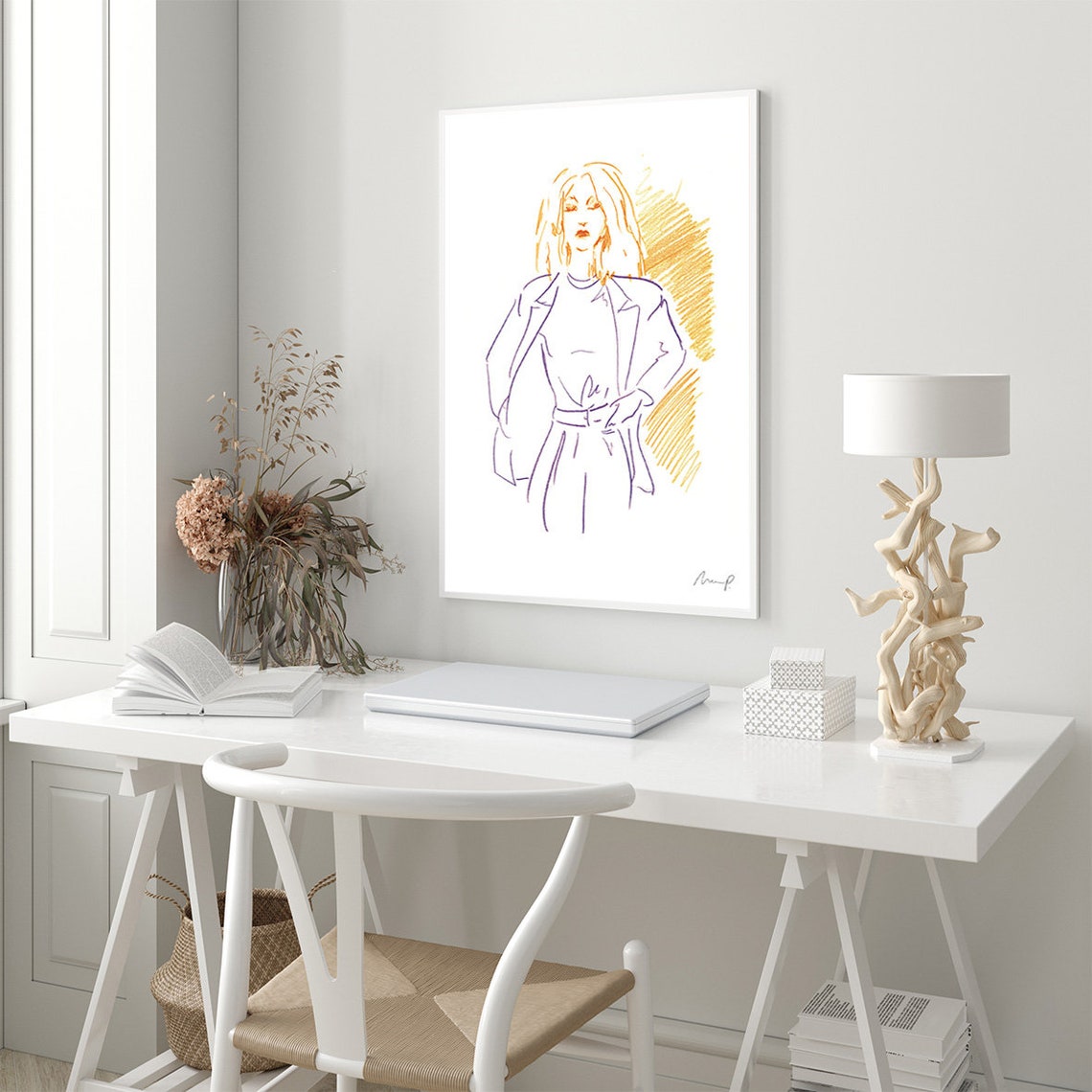 Chic Fashion Line Drawing Woman Blazer Crayon Sketch Art Poster - Image 3