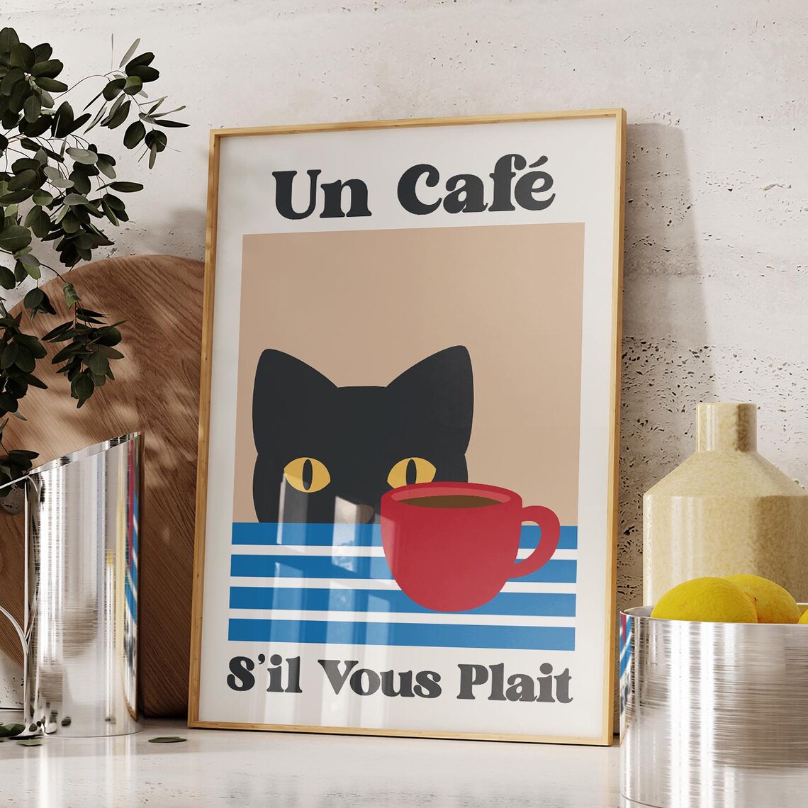 French Cafe Cat Print, Retro Bistro Coffee Art