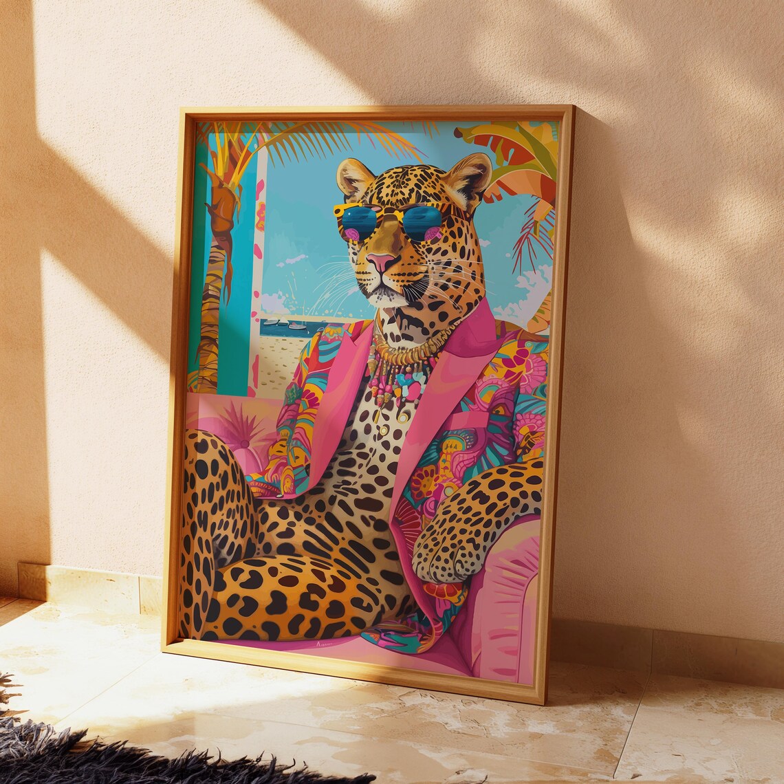 Leopard in Sunglasses Pink Blazer Fashionista Beach Maximalist Poster - Image 3