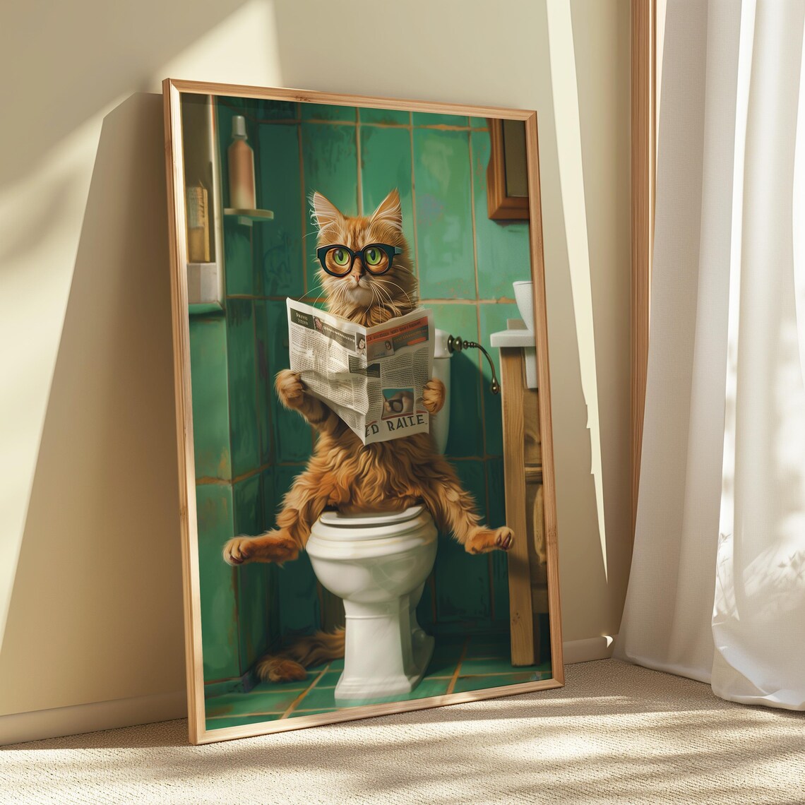 Funny Orange Cat in Glasses Reading Newspaper on Toilet Poster - Image 2