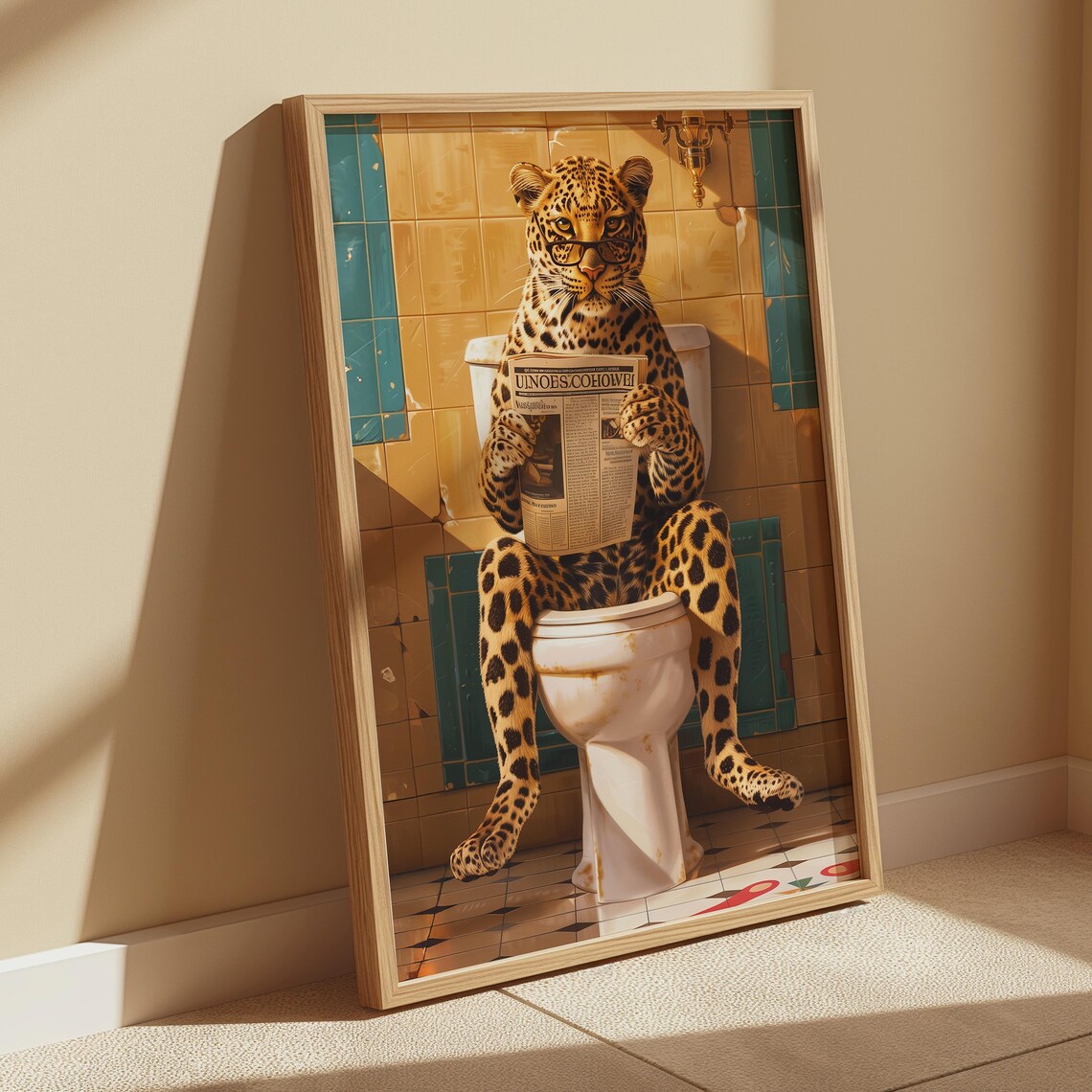 Leopard Reading Newspaper on Toilet Funny Bathroom Leopard Poster - Image 4