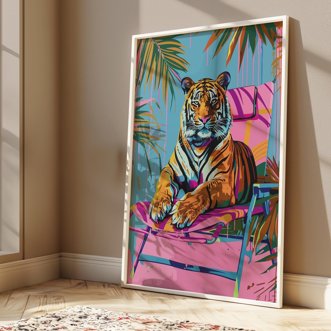 Tiger on Pink Beach Lounger Palm Leaves Tropical Maximalist Poster - Image 3
