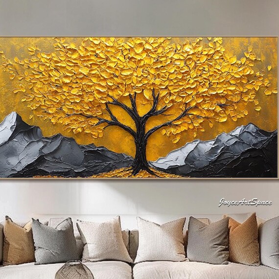 Abstract Golden Tree Oil Painting Abstract Textured Wall Art Landscape Wall Decorliving Room Wall Art Minimalist Nature Inspired Art
