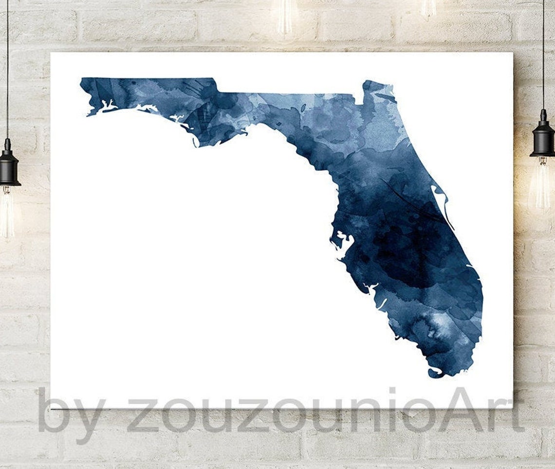 Florida State Navy Blue Watercolor Map Silhouette Modern Art Print