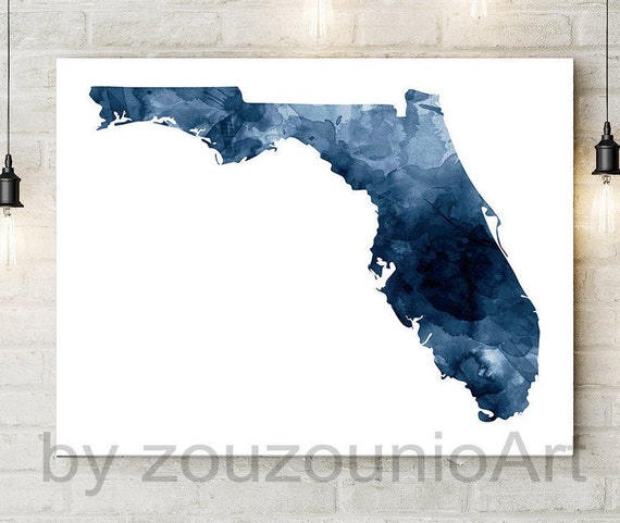 Florida Map Print Watercolor Navy Blue Art Poster Modern Wall Usa State Nursery Home Office Decor