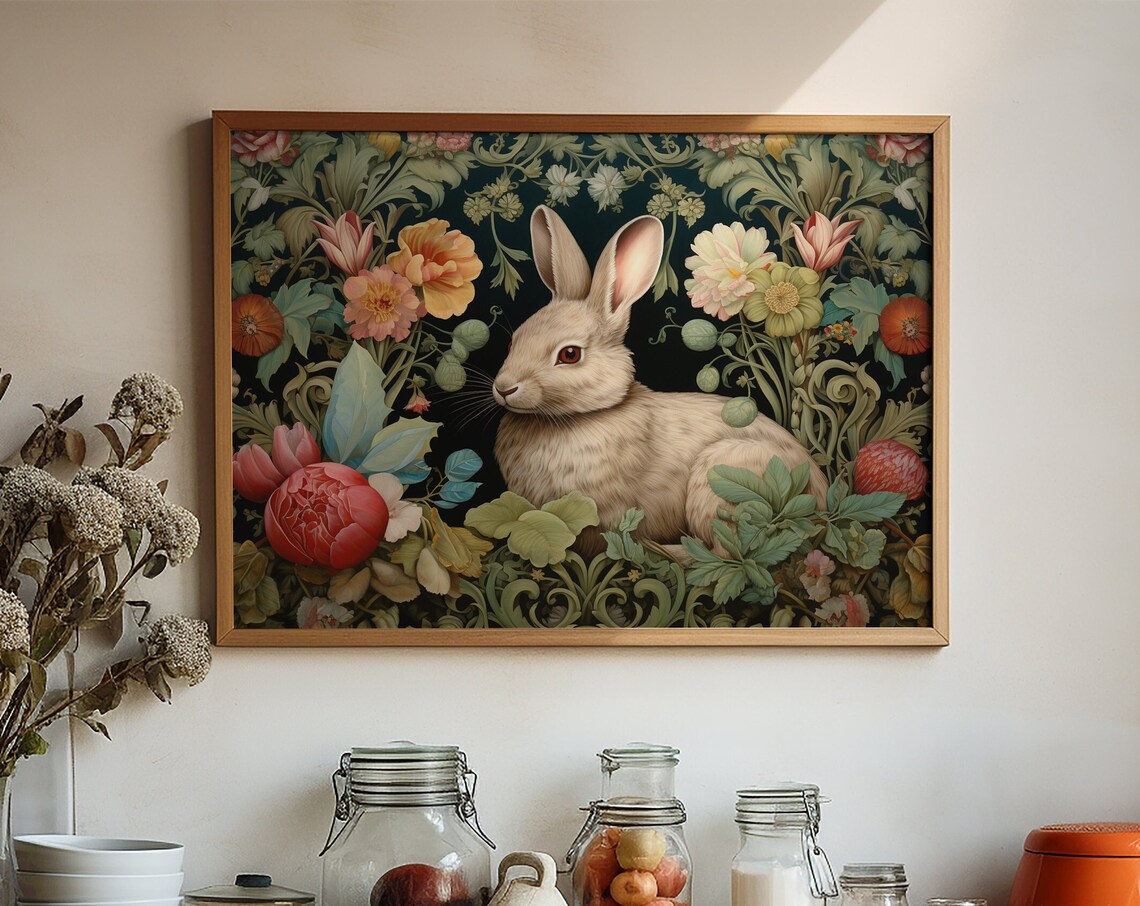 Rabbit in William Morris Style Floral Tapestry Landscape Poster - Image 4