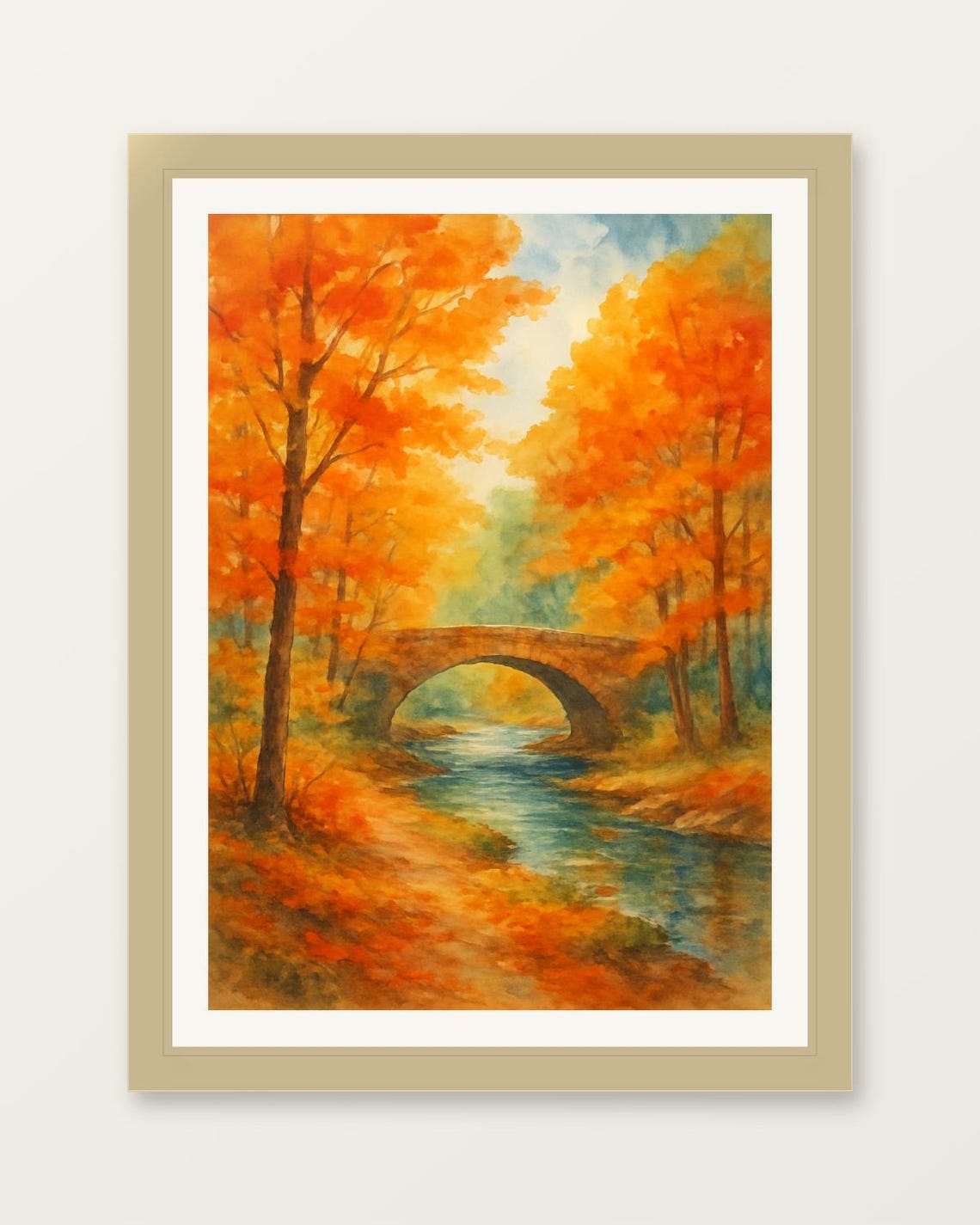 Autumn Orange Trees Stone Bridge Stream Fall Watercolor Art Poster