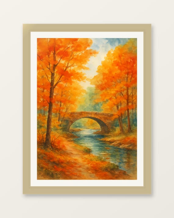 Autumn Orange Trees Stone Bridge Stream Fall Watercolor Art Poster