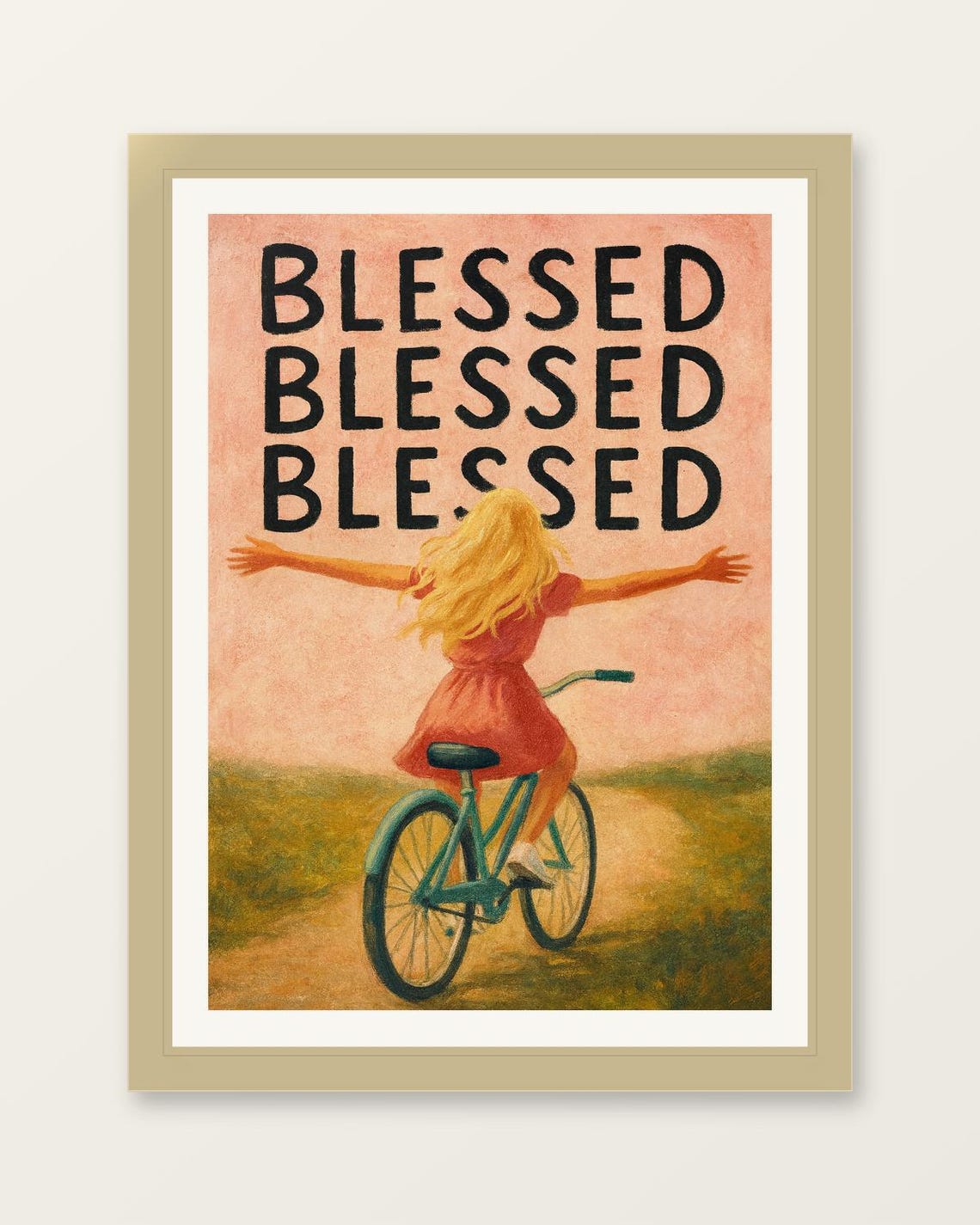 Blessed Quote Girl Riding Bicycle Arms Wide Open Vintage Art Poster