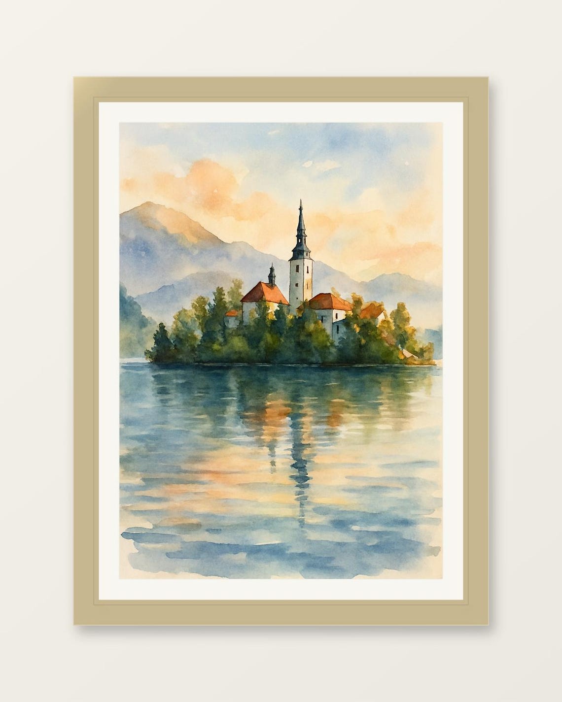 Lake Bled Summer Poster Golden Island Church Sunset Watercolor